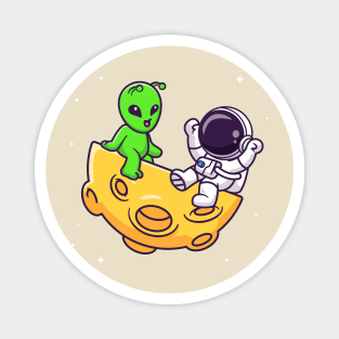 Cute Astronaut Playing With Alien On Moon Cartoon Magnet